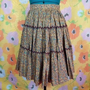 Vintage Handmade Square Dancing Skirt Brown Yellow Paisley Tiered XS